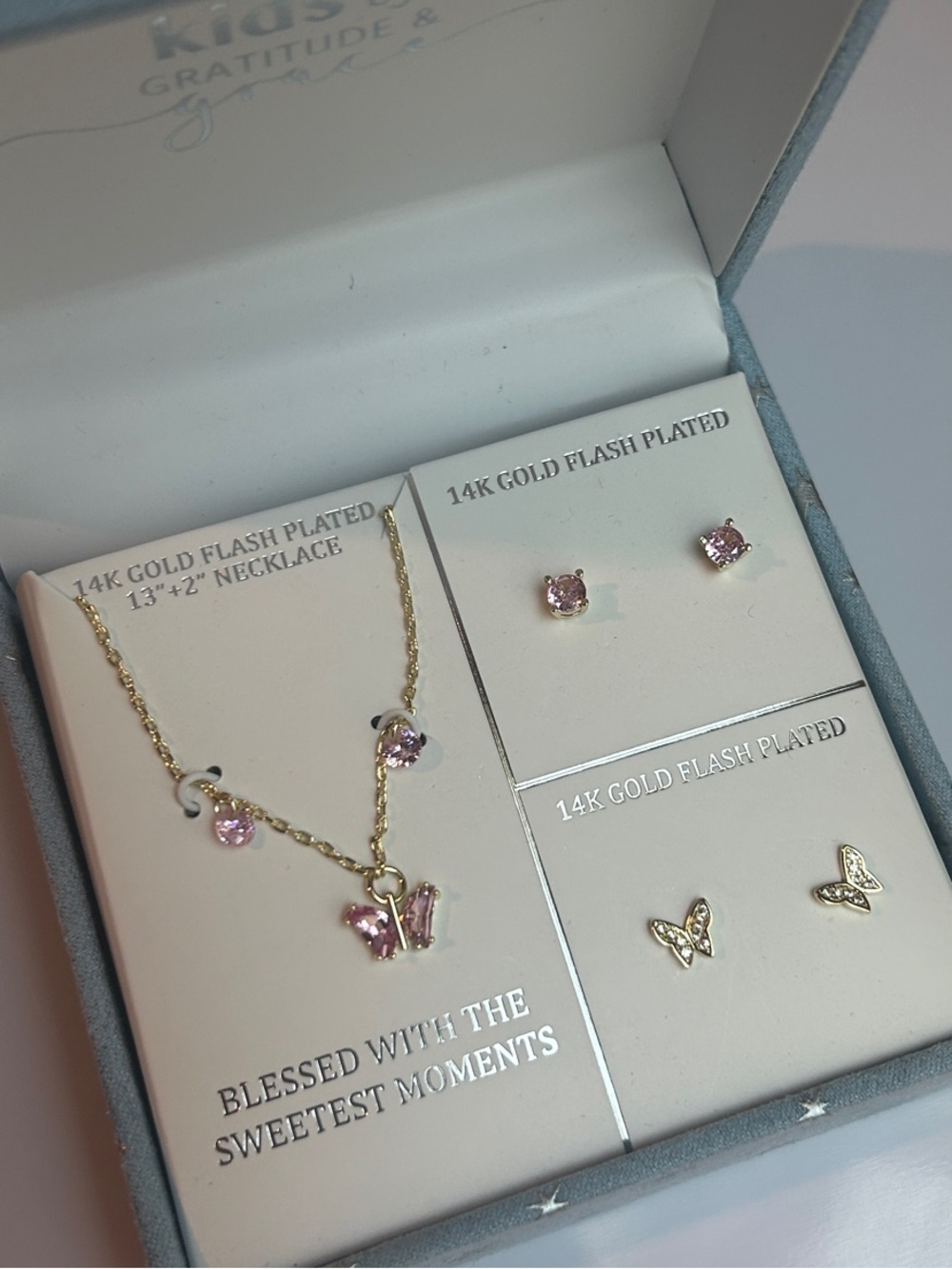 14K Gold-Flash Plated Pink Butterfly Necklace and Stud Set